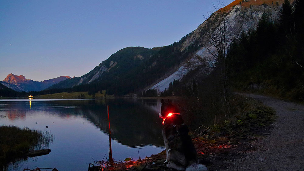 Vakaro nuotaika kalnų ežere šviesos apykaklė Leuchtie